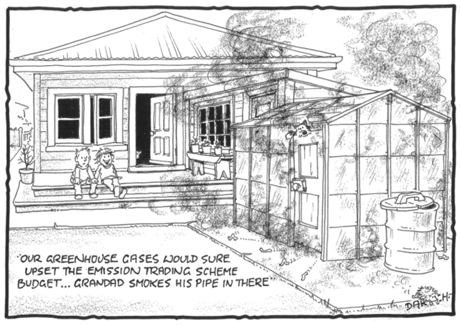 Darroch, Bob, 1940- :"Our greenhouse gases would sure upset the emission trading scheme budget... Grandad smokes his pipe in there" 17 June 2010