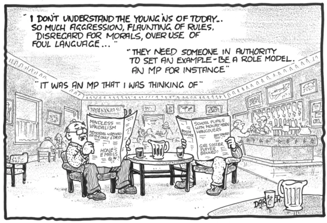 Darroch, Bob, 1940- :"I don't understand the young'ns of today... so much aggression, flaunting of rules, disregard for morals, overuse of foul language..." 19 November 2009