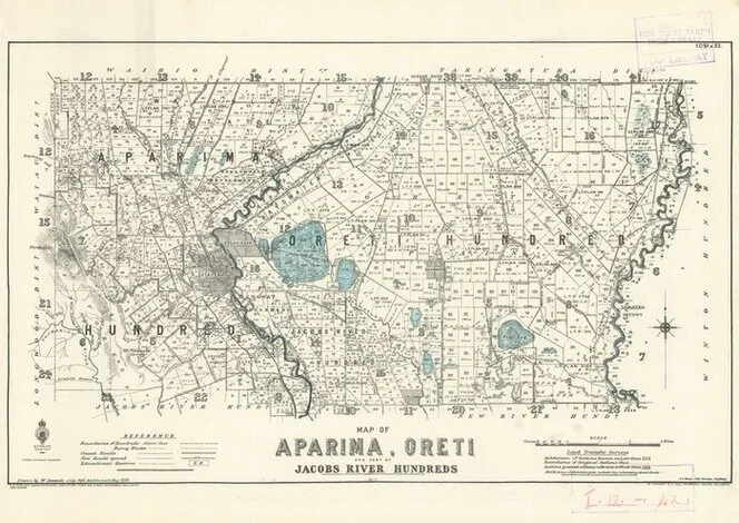 Map of Aparima, Oreti and part of Jacobs River hundreds [electronic resource] / drawn by W. Deverell, July 1896.