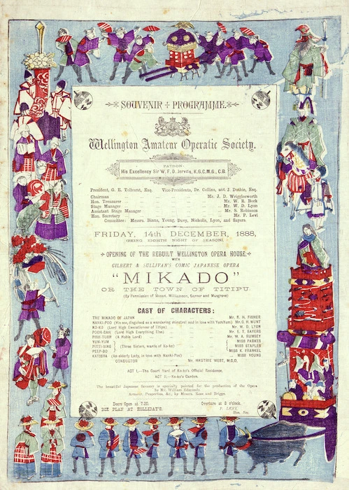 Wellington Amateur Operatic Society :Mikado, or the town of Titipu. Friday 14th December 1888 (being eighth night of season). Bock & Cousins, Printers, Brandon Street. [Blue version]