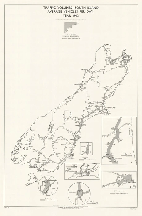 Traffic volumes - South Island, average vehicles per day, year 1963 / drawn by the Department of Lands and Survey; prepared by the Ministry of Works for the National Roads Board.