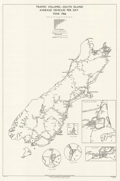 Traffic volumes - South Island, average vehicles per day, year 1966 / drawn by the Department of Lands and Survey; prepared by the Ministry of Works for the National Roads Board.