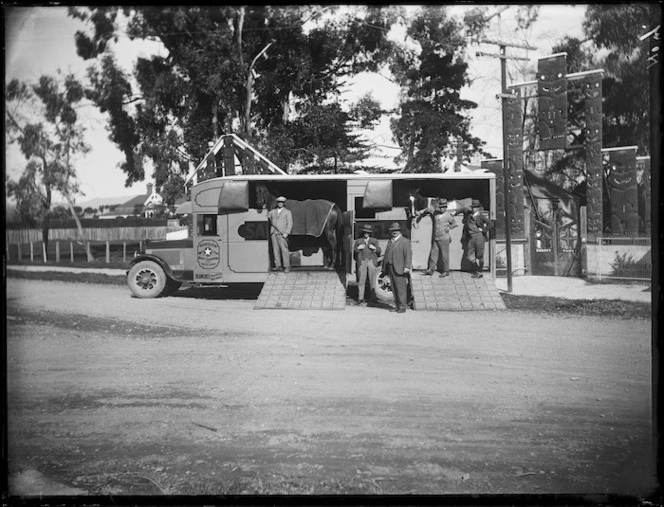 Horse float outside Ebbett Park, Hastings