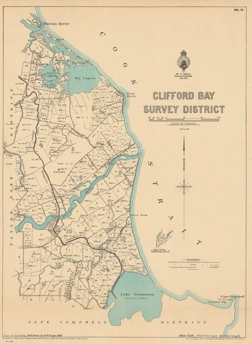 Clifford Bay Survey District [electronic resource] / drawn by Jas. E. Leahy ; additions by R.W. Grigor, 1922.