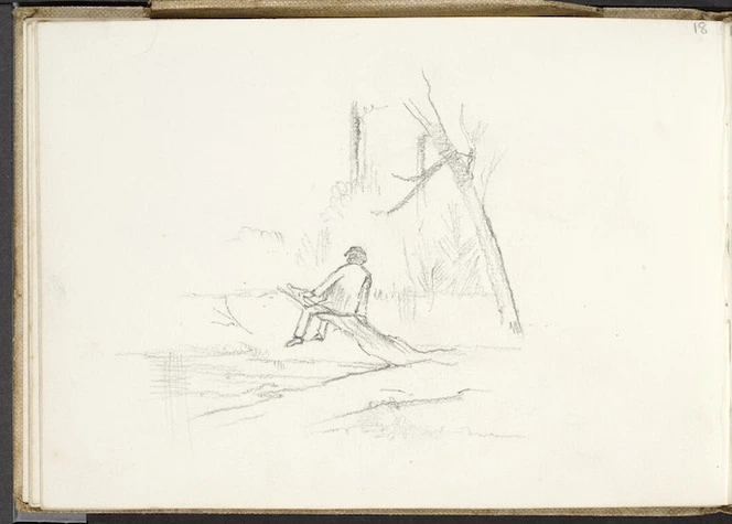 Hill, Mabel 1872-1956 :[Man seated on a branch by a river. 1890?]