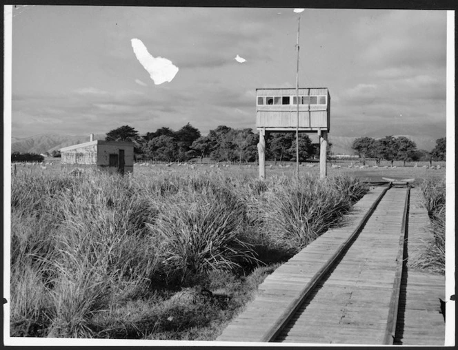 Shore of Lake Horowhenua, with the Levin Sailing Club's judges' and official's stand and boat ramp