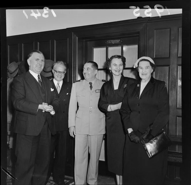Prime Minister Sidney Holland, French Minister M N Henry, General Augustin Guillaume, Madame Henry and Mrs Florence Holland