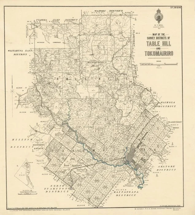 Map of the survey districts of Table Hill and Tokomairiro [electronic resource] / drawn by G.P. Wilson, Nov. 1883 ; additions by A.H.S., Sept. 1910, May 1923.