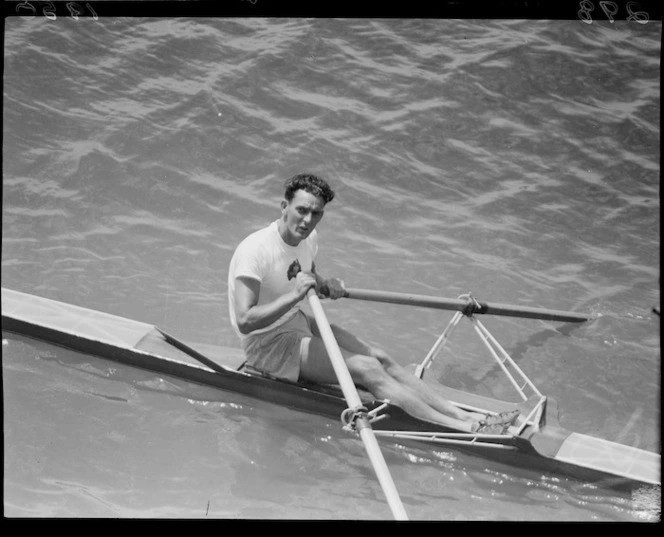 Winner of single scull, 1950 British Empire Games, Lake Karapiro