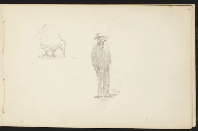 Hill, Mabel, 1872-1956 :[Kiwi and man with a pipe. January 1894?]