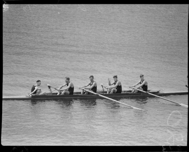 Winner of four-oar sculls, 1950 British Empire Games, Lake Karapiro