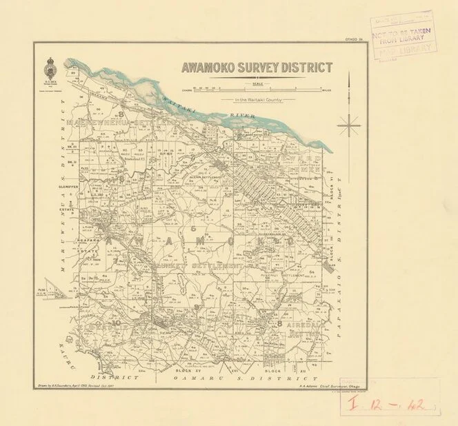 Awamoko Survey District [electronic resource] : in the Waitaki County / drawn by A.H. Saunders, April 1910, revised Oct. 1947.