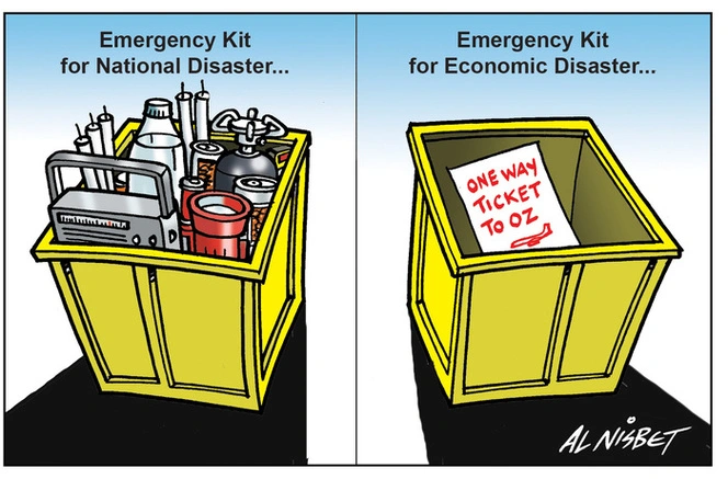 Nisbet, Alistair, 1958- :Emergency kit for national disaster... Emergency kit for economic disaster... 17 April 2011