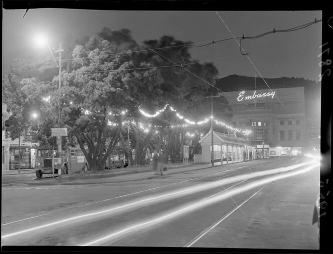 Night view of the Christmas lights strung in the trees in Courtenay Place, Wellington