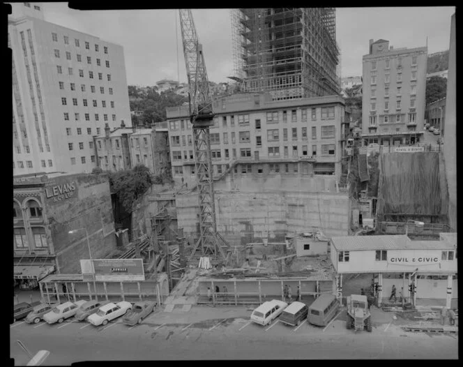 Building construction site, McCarthy Trust, Lambton Quay, Wellington, also shows Mayfair Chambers and Gleneagles building on The Terrace