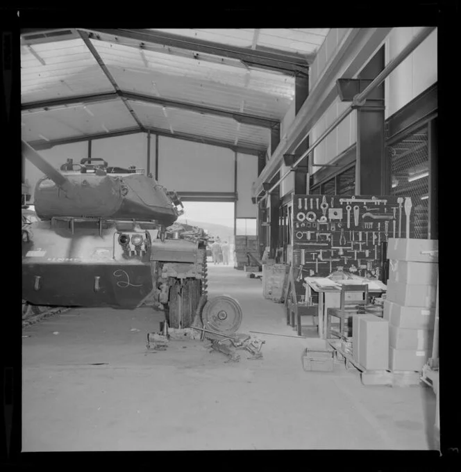 Tank in Royal Electrical and Mechanical Engineers workshop, Waiouru military camp