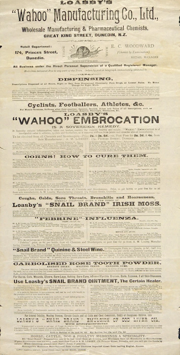 Loasby's "Wahoo" Manufacturing Co., Ltd.: ... Loasby's "Wahoo" embrocation is a sovereign remedy ... "Snail Brand" irish moss, quinine & steel wine, emulsion of cod liver oil ... ca 1895.