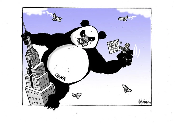 [Chinese panda bear, as King Kong, enraged by Winston Peters, as Fay Wray, and his "strategic defence policy"