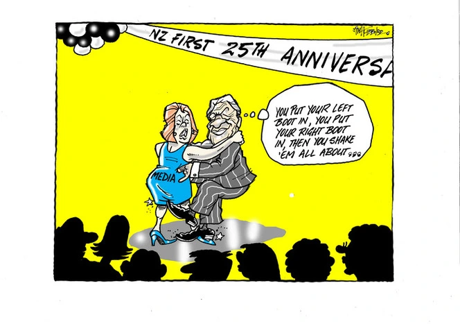 [Winston Peters dances with the "Media" at the NZ First 25th anniversary]