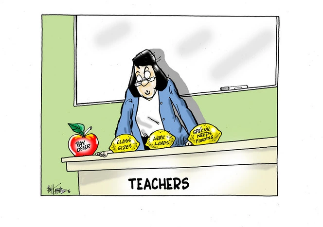 [A teacher looks at the "pay offer" red apple, and three lemons "class sizes", "work loads", and "special needs funding" on her desk]