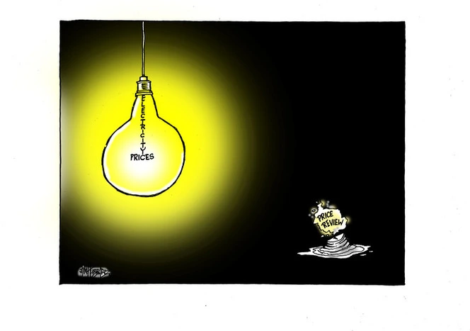 [the "Electricity prices" lightbulb glows brightly as the "Price review' slumps]