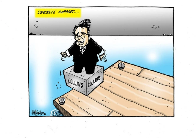 Simon Bridges teeters on the high dive board while knee deep in the "Collins" "concrete support"