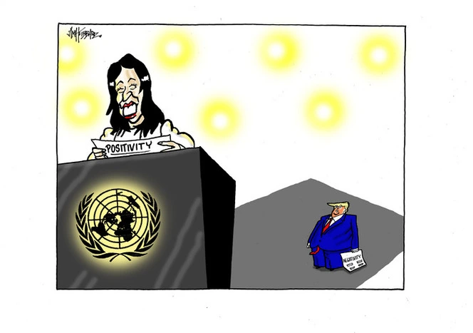 Jacinda Ardern reads her "Positivity" speech at United Nations, while below Donald Trump holds his "Negativity' paper