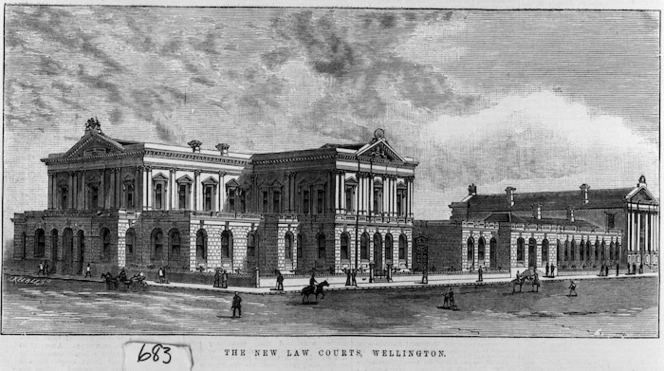 Photograph of an engraving depicting the New Law Courts, Wellington