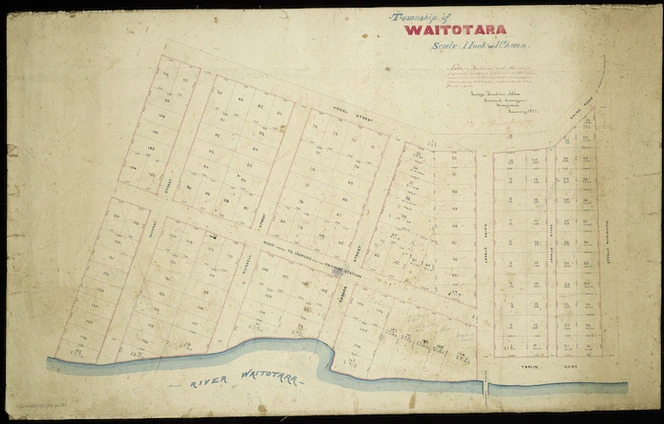 Allen, George Frederick, 1837-1929 :Township of Waitotara [ms map]. George Frederick Allen, licensed surveyor, Wanganui, January 1877.