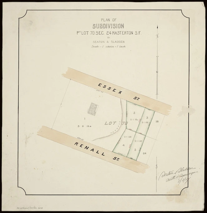 Seaton & Sladden (Firm) :Plan of subdivision pt. lot 70 Sec. 24 Masterton S.F. [ms map]. By Seaton & Sladden, Authorised surveyors, 8/8/07