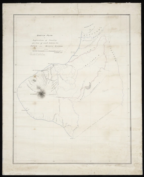 Kirkby, John Thomas Vaughan, -1911 :Sketch plan of exploration of country for line of road between the Patea and Mokau Rivers [ms map]. 1875