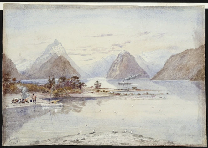 Aubrey, Christopher, fl 1868-1906 :[Campsite at Milford Sound. [19]05.