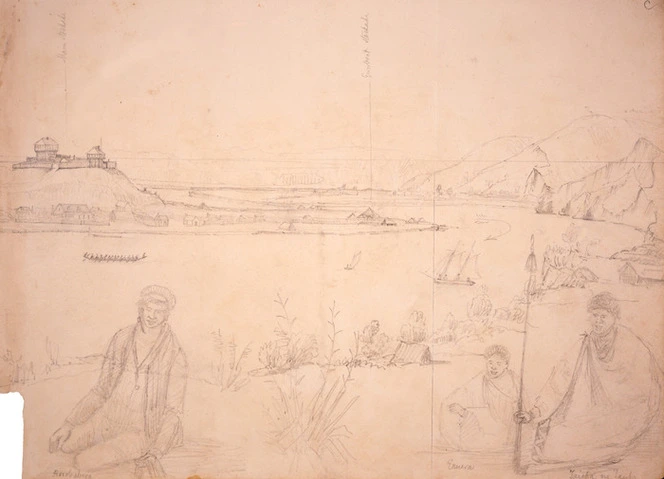 Collinson, Thomas Bernard 1822-1902 :[Wanganui from the opposite bank. 1848]. Main stockade. Gunboat stockade. Horobabera. Eruera. Taiepa no Taupo.