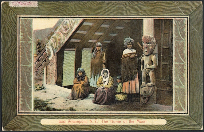 [Postcard]. Wharepuni, N.Z. The home of the Maori. 3509. New Zealand post card. H & M series. Printed in Saxony. [1907]