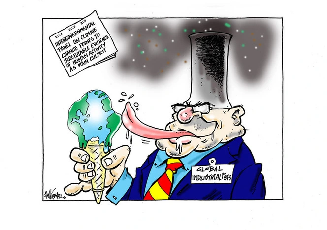 Smoke issues from the chimney head of "Global industrialists" as their giant tongue licks the melting ice-cream cone of the Earth, despite IPCC saying "climate change" is caused by "human activity"