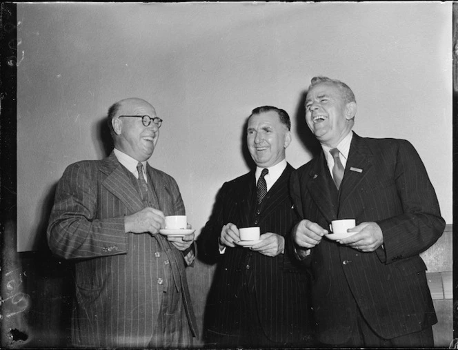 Sidney Holland, William Ferrier Hadwin, and Mr Stone, farewelling bowlers at Parliament