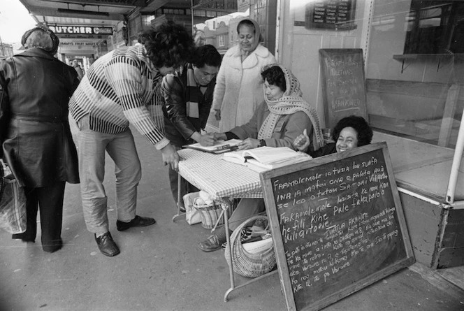 Labour candidate Mrs Tala Cleverley at an enrolling desk in Newtown, Wellington - Photograph taken by Merv Griffiths