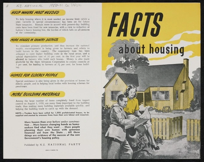 New Zealand National Party: Facts about housing. John McIndoe Ltd [1950].