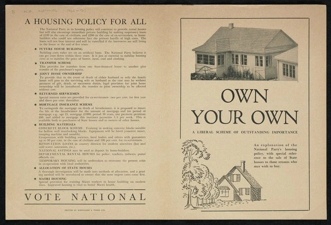 New Zealand National Party: Own your own; a Liberal scheme of outstanding importance. Whitcombe & Tombs Ltd [1946]