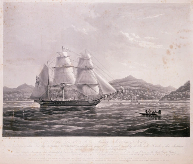 Huggins, William John, 1781-1845 :The "John Williams"... entering the Bay of Huahine, one of the Society Islands... Engraved by E Duncan, painted by W J Huggins from a sketch... by Capt R J Elliott London [184-]