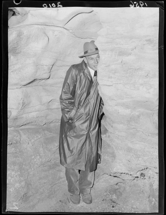 Unidentified member of the 1956 Springbok rugby union football team at Waitomo Caves