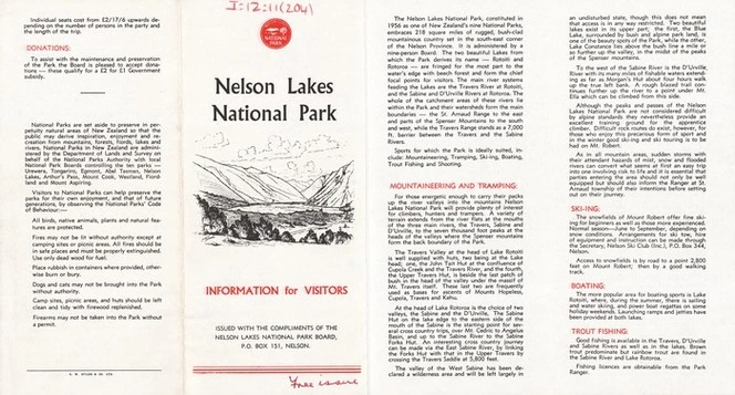 Nelson Lakes National Park : information for visitors / issued with the compliments of the Nelson Lakes National Park Board.