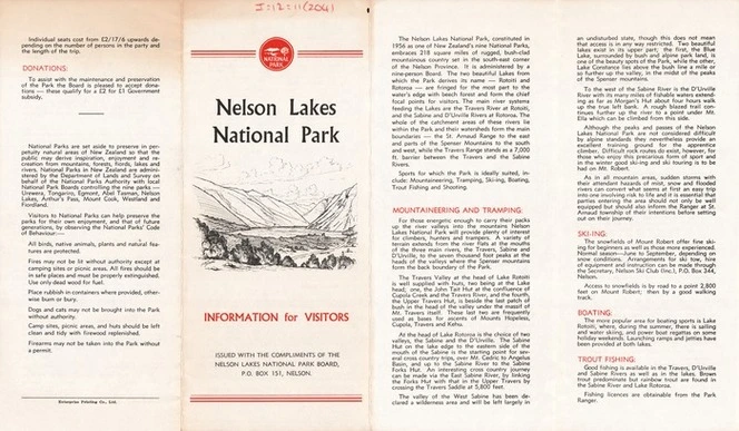 Nelson Lakes National Park : information for visitors / issued with the compliments of the Nelson Lakes National Park Board.