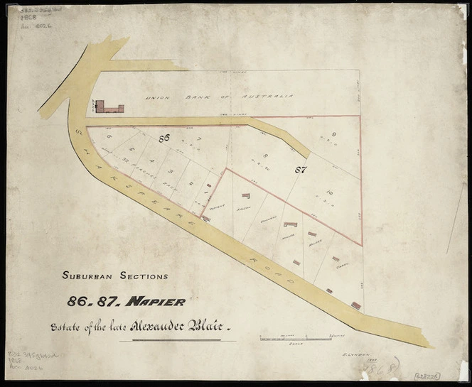 Lyndon, E, fl 1860s-1890s :Suburban sections 86-87, Napier; estate of the late Alexander Blair [ms map]. 1868.