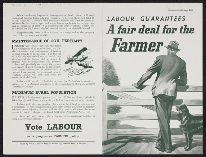 New Zealand Labour Party: Labour guarantees a fair deal for the farmer [1957?]