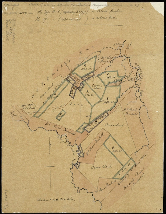 [Creator unknown] :[Sketch of sections between Maraekakaho and Manganuku Rivers showing land owned by Sir Donald McLean and others] [ms map]. [ca.1870]