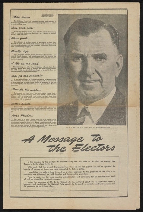 New Zealand National Party: A message to the electors [Front page. 1946]
