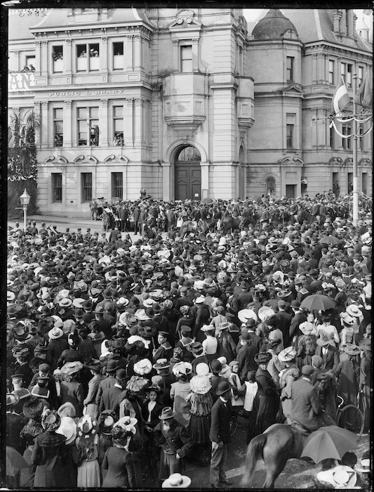 Part two of a two part panorama showing a welcome reception for New Zealand Governor, Lord Plunket, outside the Auckland Municipal Buildings