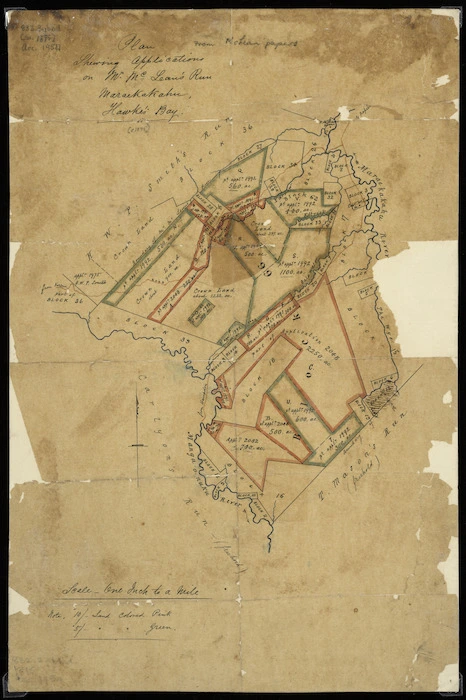 [Creator unknown] :Plan shewing [showing] applications on Mr McLean's Run, Maraekakahu [Maraekakaho], Hawke's Bay [ms map]. [ca.1875]