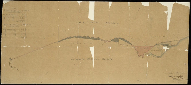 [Weber, Charles, 1830-1887] :[Map showing the transfer of land on the boundary between the properties of H.W.P. Smith and Sir Donald McLean at Maraekakaho [ms map]. [18]75.
